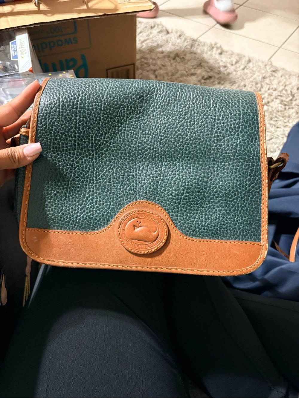 Dooney & Bourke Green Pebble Leather Crossbody with Tan Trim